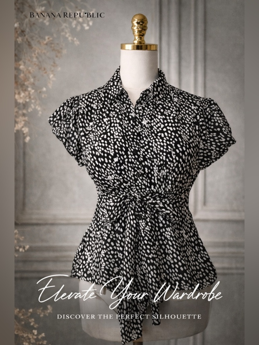 Banana Republic Tie Waist Peplum Blouse Black White Abstract Print Size M